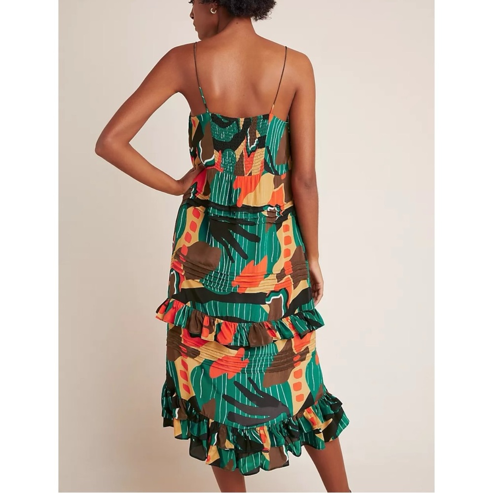 DHRUV KAPOOR x Anthropologie Annabella Green Red Vibrant Print Ruffle Midi Dress